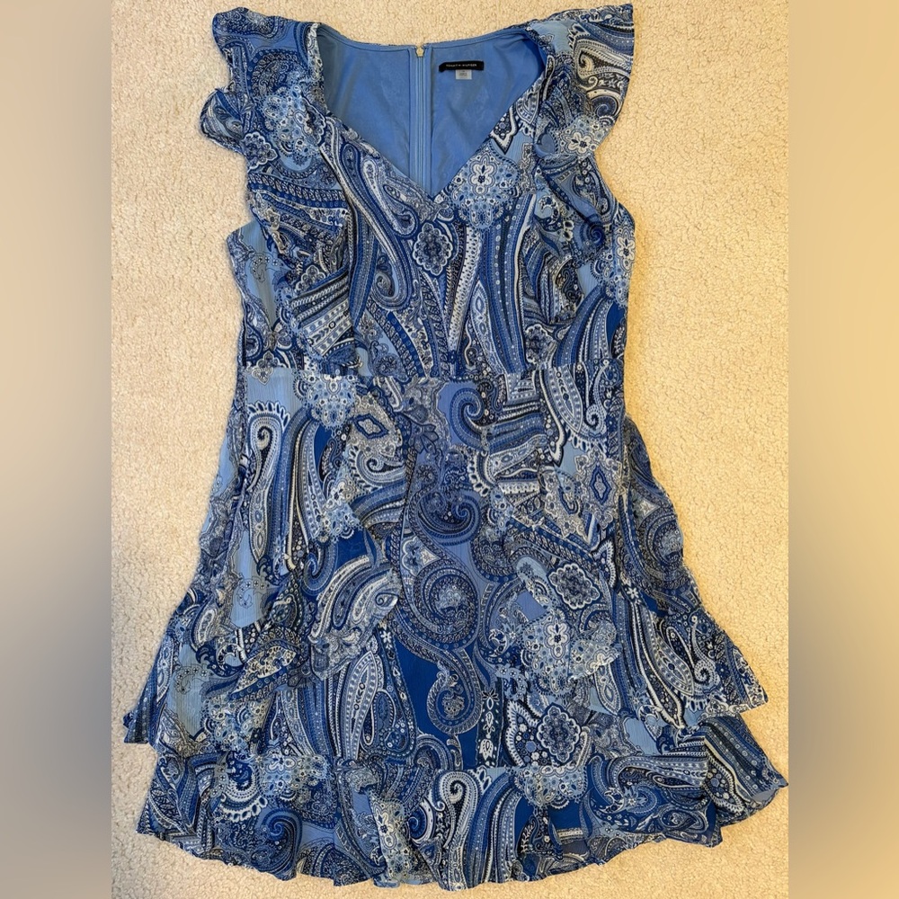 Tommy Hilfiger Blue Paisley Flutter Sleeve Fit and Flair Dress Size 14.